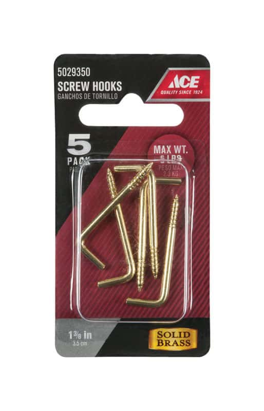 Ace Small Polished Brass Green Brass 1.375 in. L Square Bend Screw Hook 5  lb 5 pk