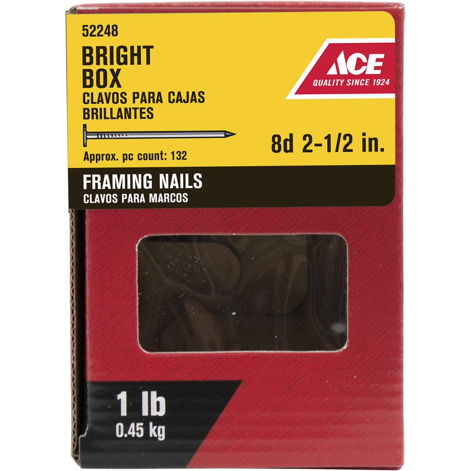 Ace 8D 2-1/2 in. Framing Bright Steel Nail Flat Head 1 lb Ace 8D 2-1/2 in. Framing Bright Steel Nail Flat Head 1 lb