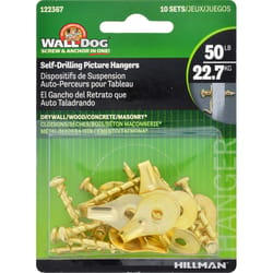 HILLMAN WALL DOG Brass-Plated Gold Self-Drilling Picture Hanger 50 lb 10 pk