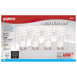 Satco 13 W T2 1.81 in. D X 4.13 in. L CFL Bulb Soft White Compact 2700 K 4 pk