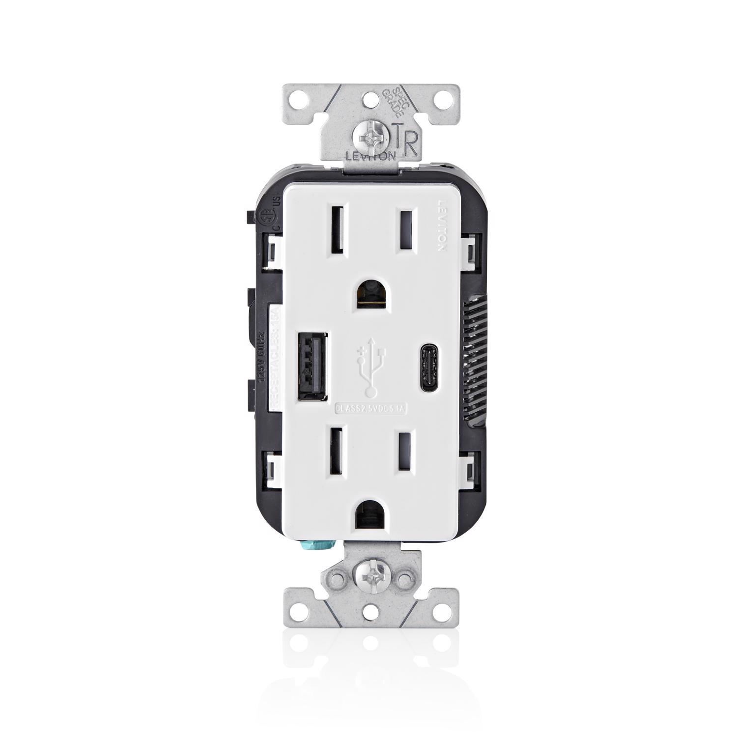 Photos - Socket Leviton Decora 15 amps 125 V Type A/C Duplex White Outlet and USB Charger 5-15R 1 pk T5633-W 