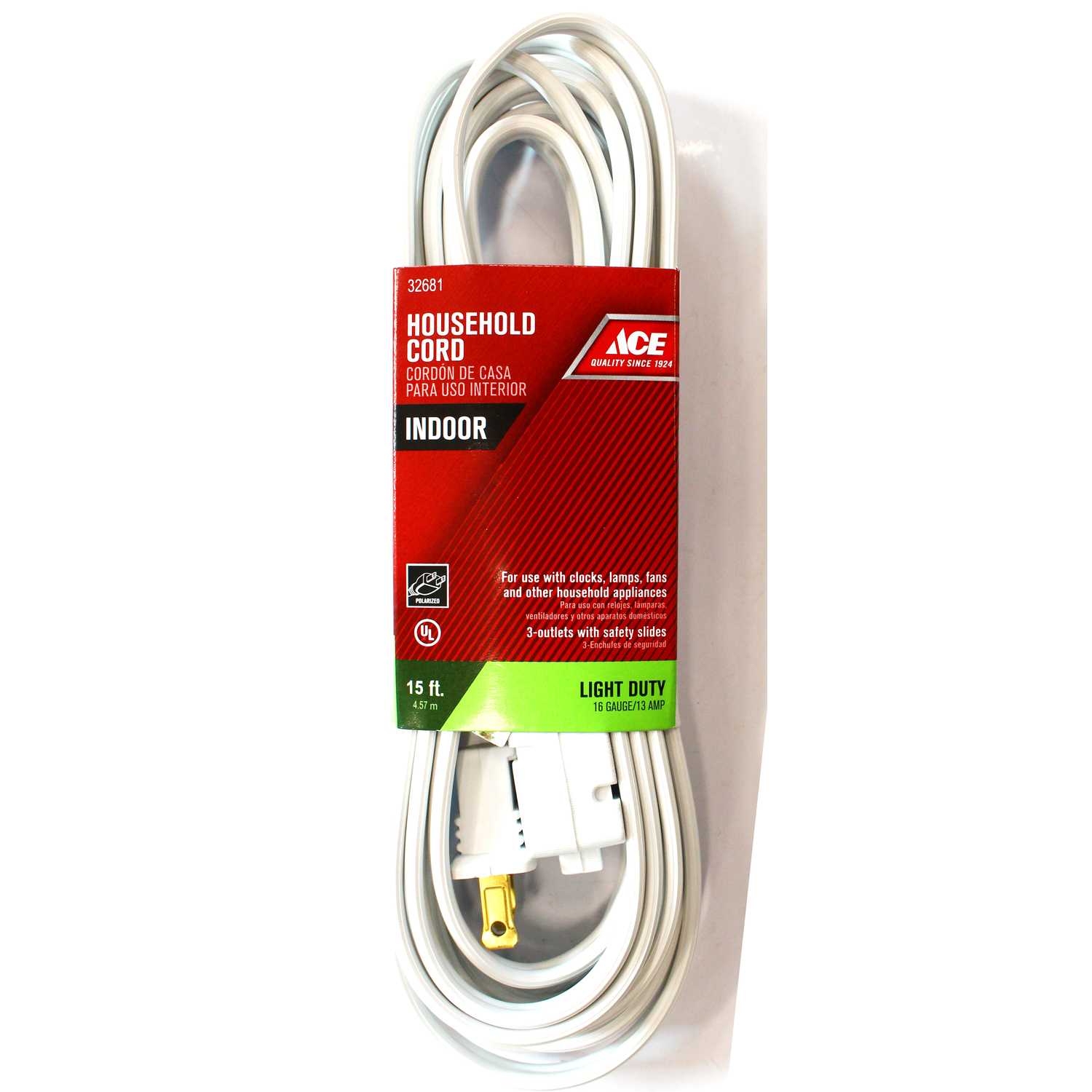 Ace Indoor 15 ft. L White Extension Cord 16/2 SPT2 Ace