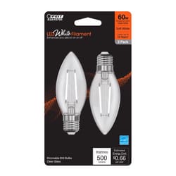 Feit White Filament B10 E26 (Medium) Filament LED Bulb Soft White 60 Watt Equivalence 2 pk