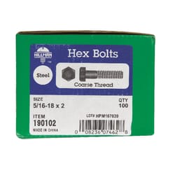 HILLMAN 5/16 in. D X 2 in. L Zinc Plated Steel Hex Bolt 100 pk