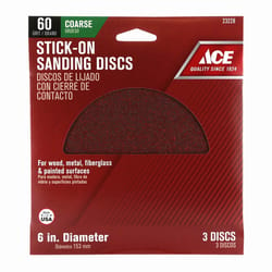 Ace 6 in. Aluminum Oxide Adhesive Sanding Disc 60 Grit Coarse 3 pk