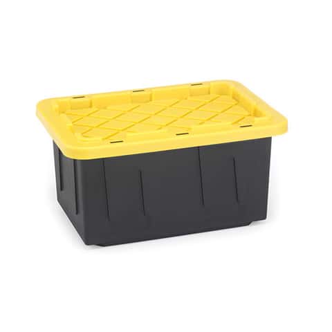 Plastic Heavy Duty Storage Tote Box, 23 Gallon, Black With Yellow Snap Lid,  Stackable, 4-Pack 