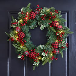 Glitzhome 24 in. D X 4 ft. L LED Prelit Warm White Ornament Berry Holly Pine Wreath