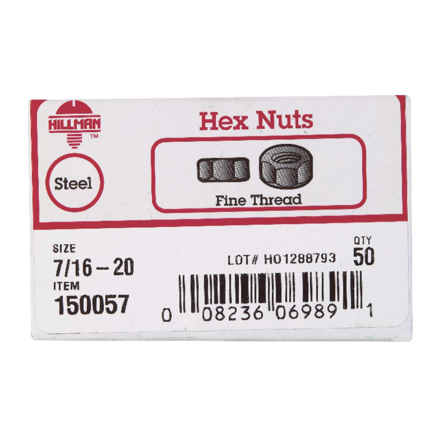 Hillman 7/16 in. Zinc-Plated Steel SAE Hex Nut 50 pk