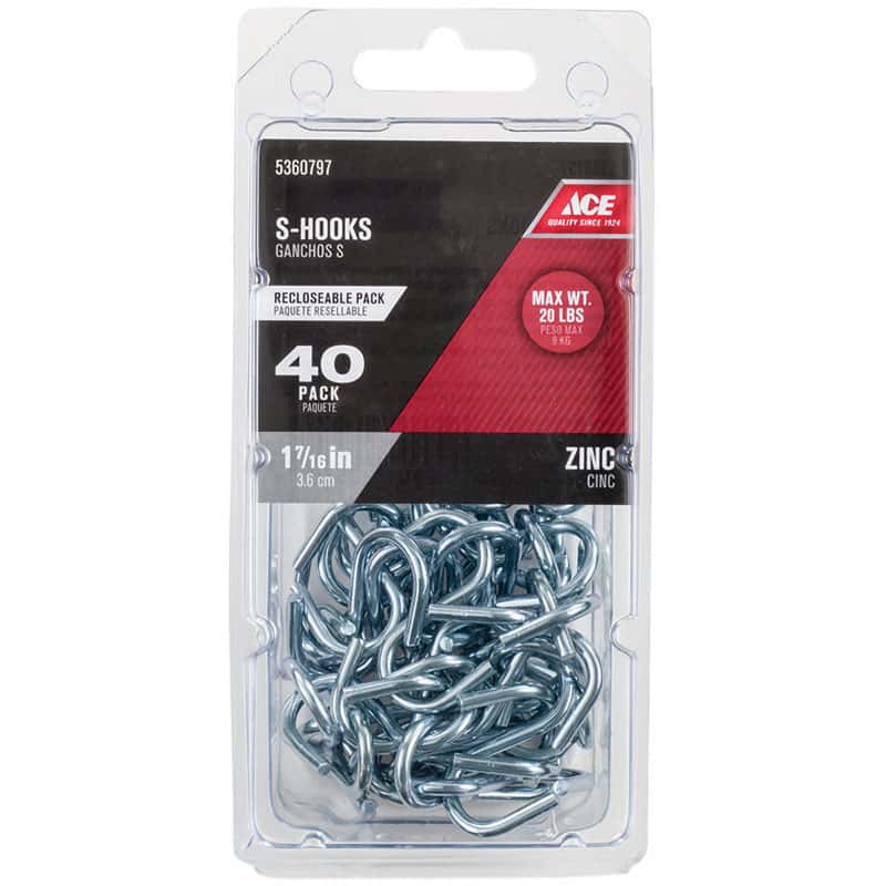Ace Zinc Plated Steel S Hook, 0.169 x 1-1/2 - 40 pack