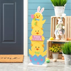 Glitzhome Stacked Chicks Happy Easter Porch Decor MDF/Solid Wood 1 pc