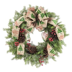 Glitzhome 24 in. D Cypress Leaves Pinecone with Bowknot Ribbon Christmas Wreath