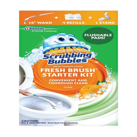 Scrubbing Bubbles Fresh Brush Starter Kit, Citrus - Toilet Cleaning System  With Flushable Pads (19 Inch Handle, 4 Pads and 1 Stand), Cleaning