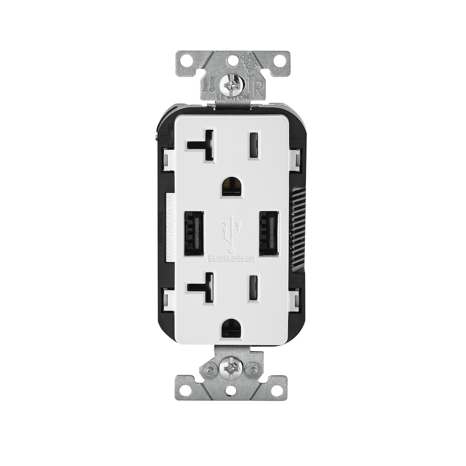 UPC 078477683873 product image for Leviton Decora 20 amps 125 volt White Outlet and USB Charger 5-20R 1 pk | upcitemdb.com