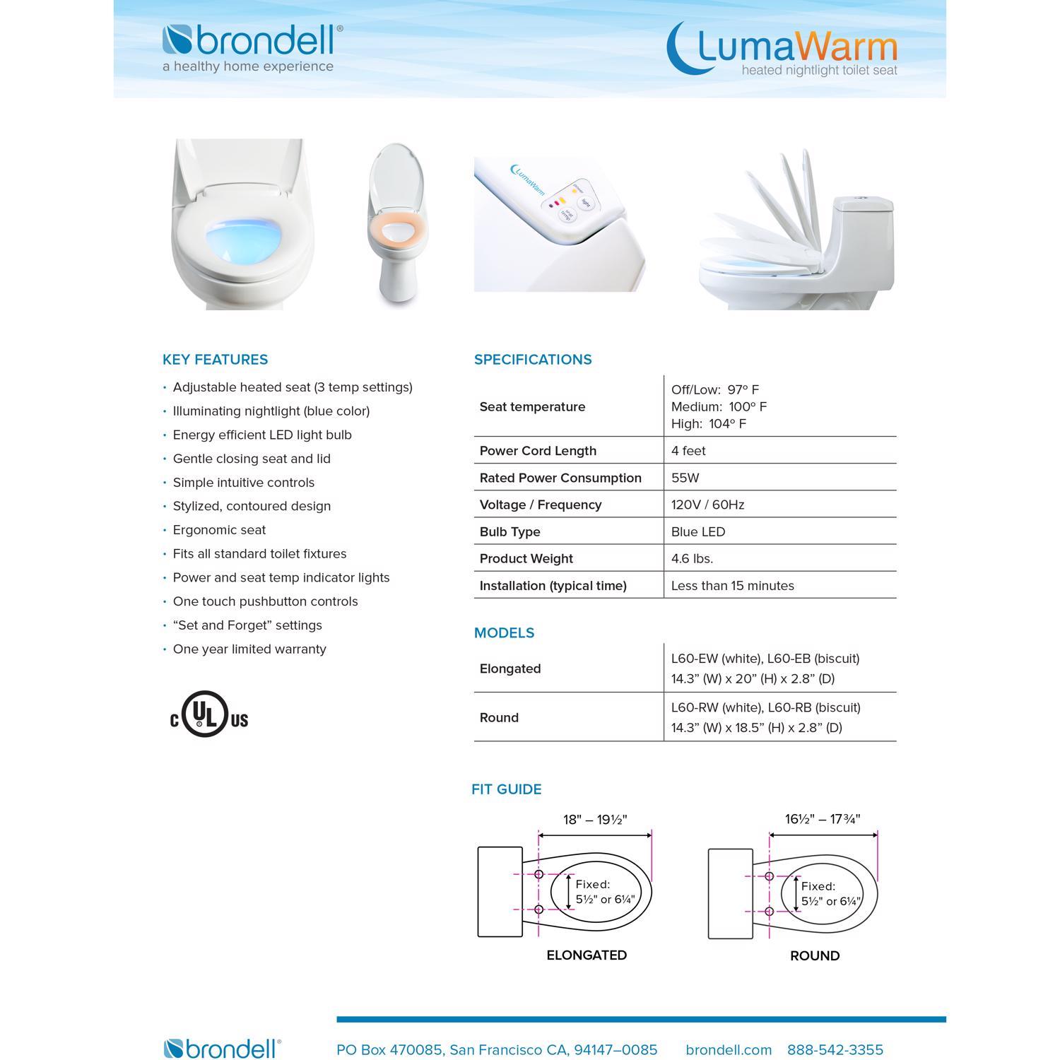 Brondell LumaWarm Slow Close Round White Plastic Night Light Toilet Seat