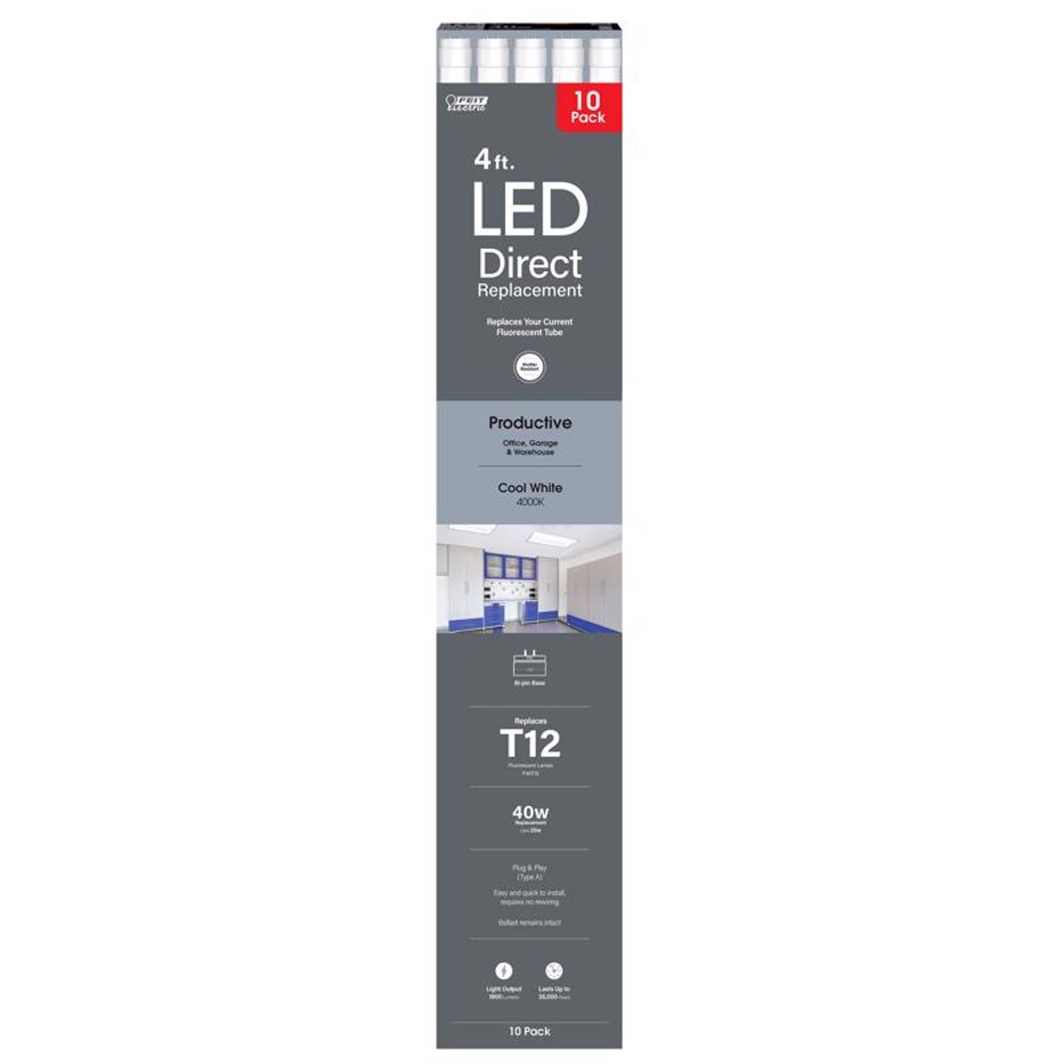 Photos - Light Bulb Feit Plug & Play T12 Cool White 47.4 in. G13 Linear LED Bulb 40 Watt Equivalence 10 pk T1248/840/LED10