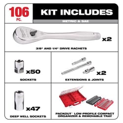 Milwaukee PACKOUT 1/4 and 3/8 in. drive Metric and SAE 106 Piece Mechanics Ratchet and Socket Set 90