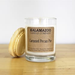 Kalamazoo Candle Company Clear glass jar with white soy wax, wood lid Caramel Pecan Pie Scent Carame