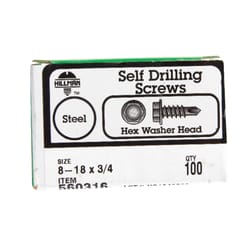 HILLMAN No. 8-18 X 3/4 in. L Hex Hex Washer Head Self-Drilling Screws 100 pk