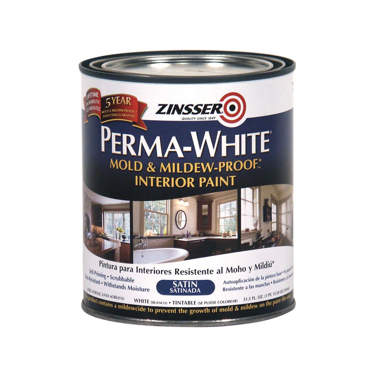 Zinsser PermaWhite Satin White WaterBased Mold and MildewProof Paint