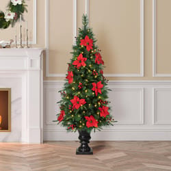 Glitzhome 5 ft. Slim LED 150 ct Poinsettia and Red Berries Porch Bush