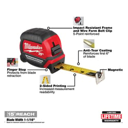 Milwaukee 25 ft. L X 1 in. W Compact Wide Blade Magnetic Tape Measure 1 pk