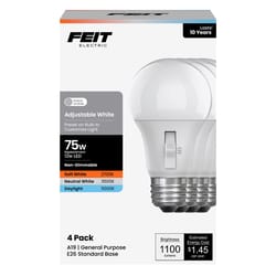 Feit A19 E26 (Medium) LED Bulb Adjustable White 75 Watt Equivalence 4 pk