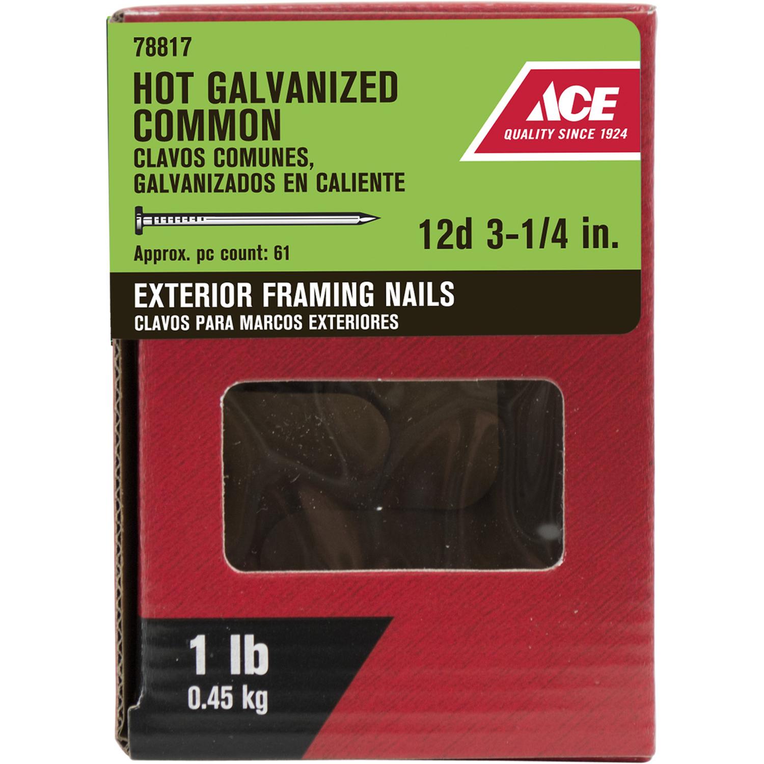 Ace 12D 3-1/4 in. Common Bright Steel Nail Round Head 1 lb Ace 12D 3-1/4 in. Common Bright Steel Nail Round Head 1 lb