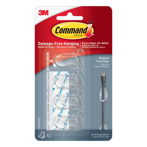Command Large Cord Clips Hooks Damage Free Adhesive 2 Clips 3 Strips Clear,  4-Pack