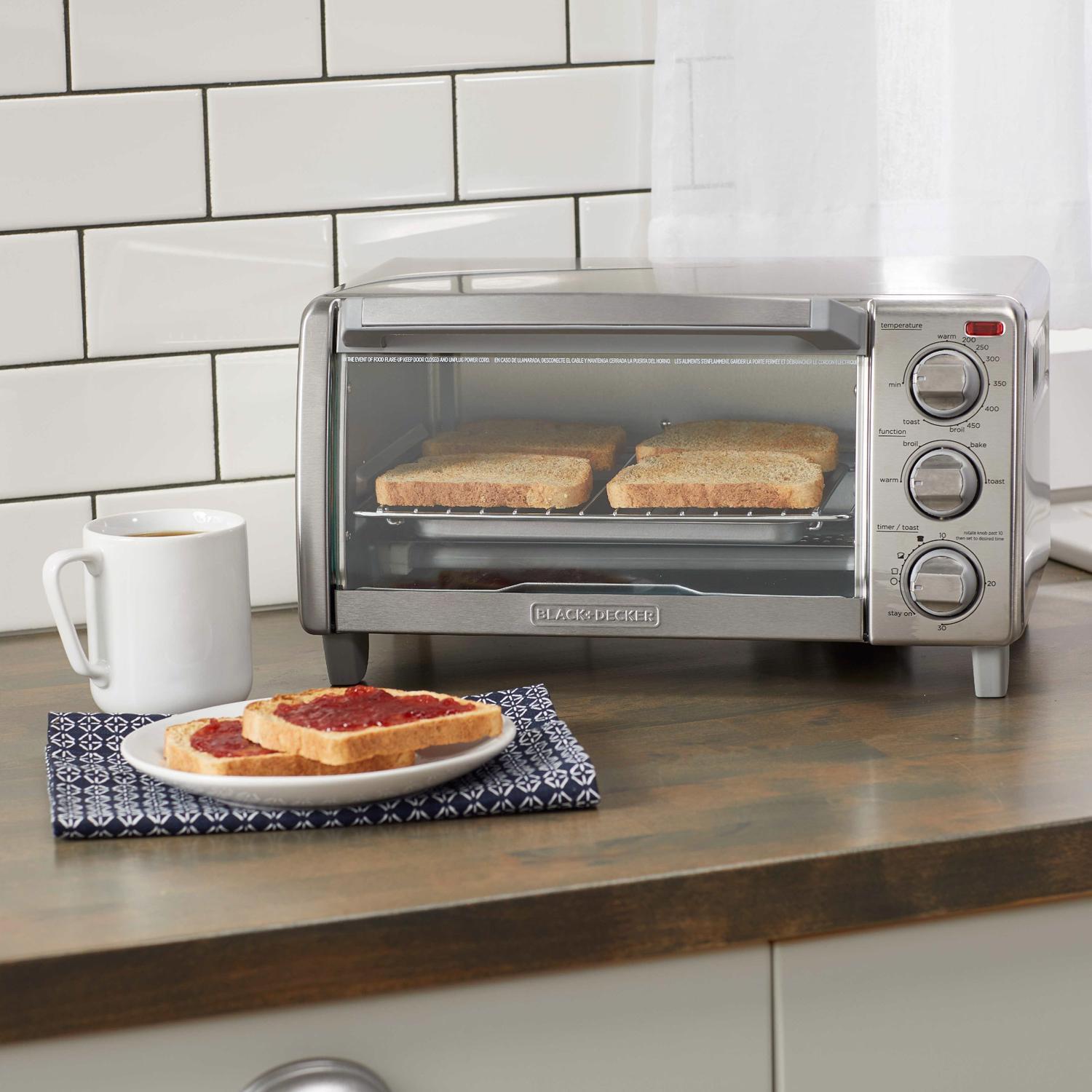 Special Seas BLACK+DECKER 4-Slice Toaster Oven, Easy Controls, Stainless Steel