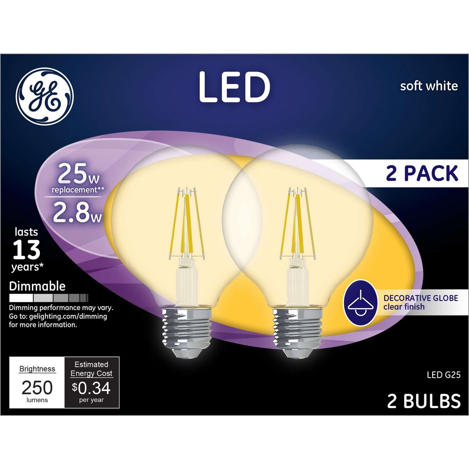 GE G25 E26 (Medium) LED Bulb Soft White 25 Watt Equivalence 2 pk Ace