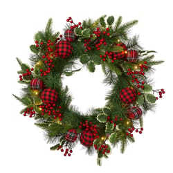 Glitzhome 24 in. D X 4 ft. L LED Prelit Warm White Ornament Berry Holly Pine Wreath