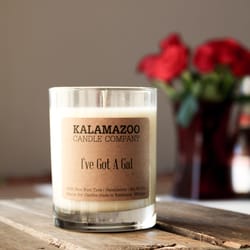 Kalamazoo Candle Company Clear glass jar with white soy wax, wood lid I've Got a Gal Scent Ive Got a