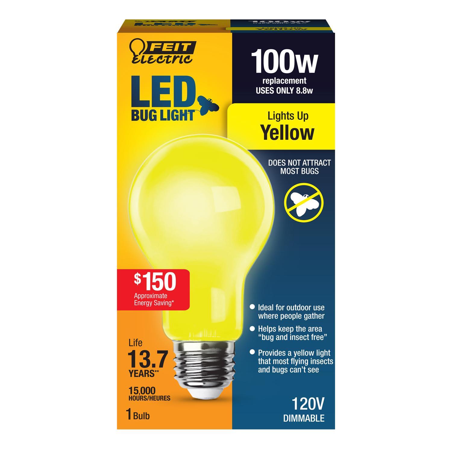 A19100/BUG/LED Feit Electric A19 E26 (Medium) LED Bulb Yellow 100 sku A19100/BUG/LED
