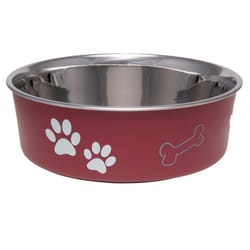 Loving Pets Bella Red Bone/Paw Print Stainless Steel 52 oz Pet Bowl For Dogs