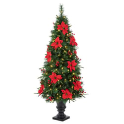 Glitzhome 5 ft. Slim LED 150 ct Poinsettia and Red Berries Porch Bush