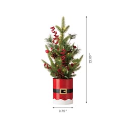 Glitzhome LED Multicolored Lighted Santa Belt Potted Artificial Tree Table Decor 22 in.