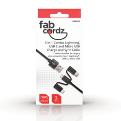 Fabcordz Lightning, Type C and Micro USB Cable 3 foot Black
