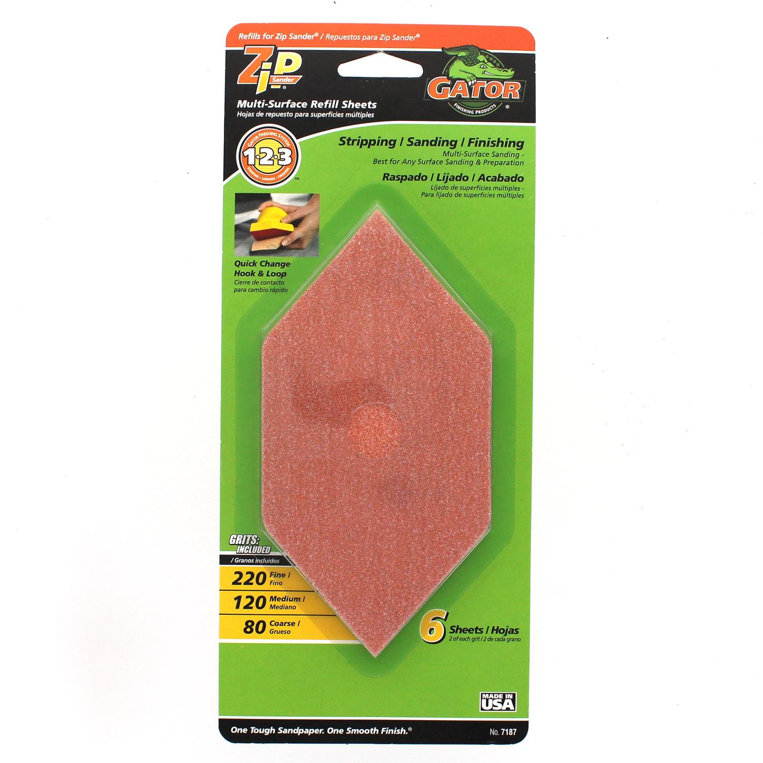 Photos - Putty Knife / Painting Tool Gator Zip Sander 6 in. L X 3 in. W 80/120/220 Grit Aluminum Oxide Sanding Sheet 6 pk 7187 