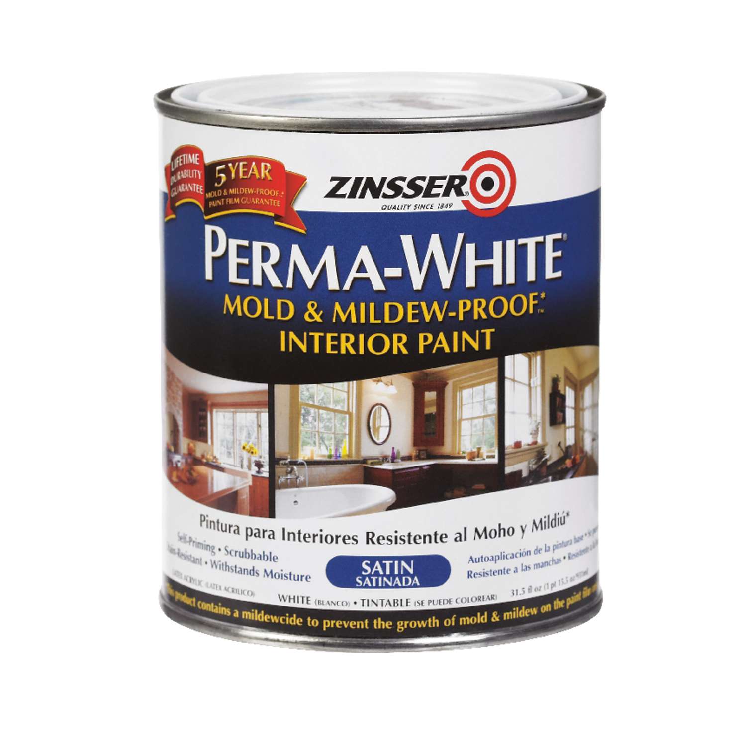 Zinsser PermaWhite Satin White WaterBased Mold and MildewProof Paint