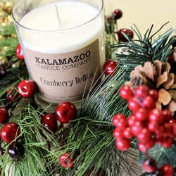 Kalamazoo Candle Company Clear glass jar with white soy wax, wood lid Cranberry Bellini Scent Cranbe