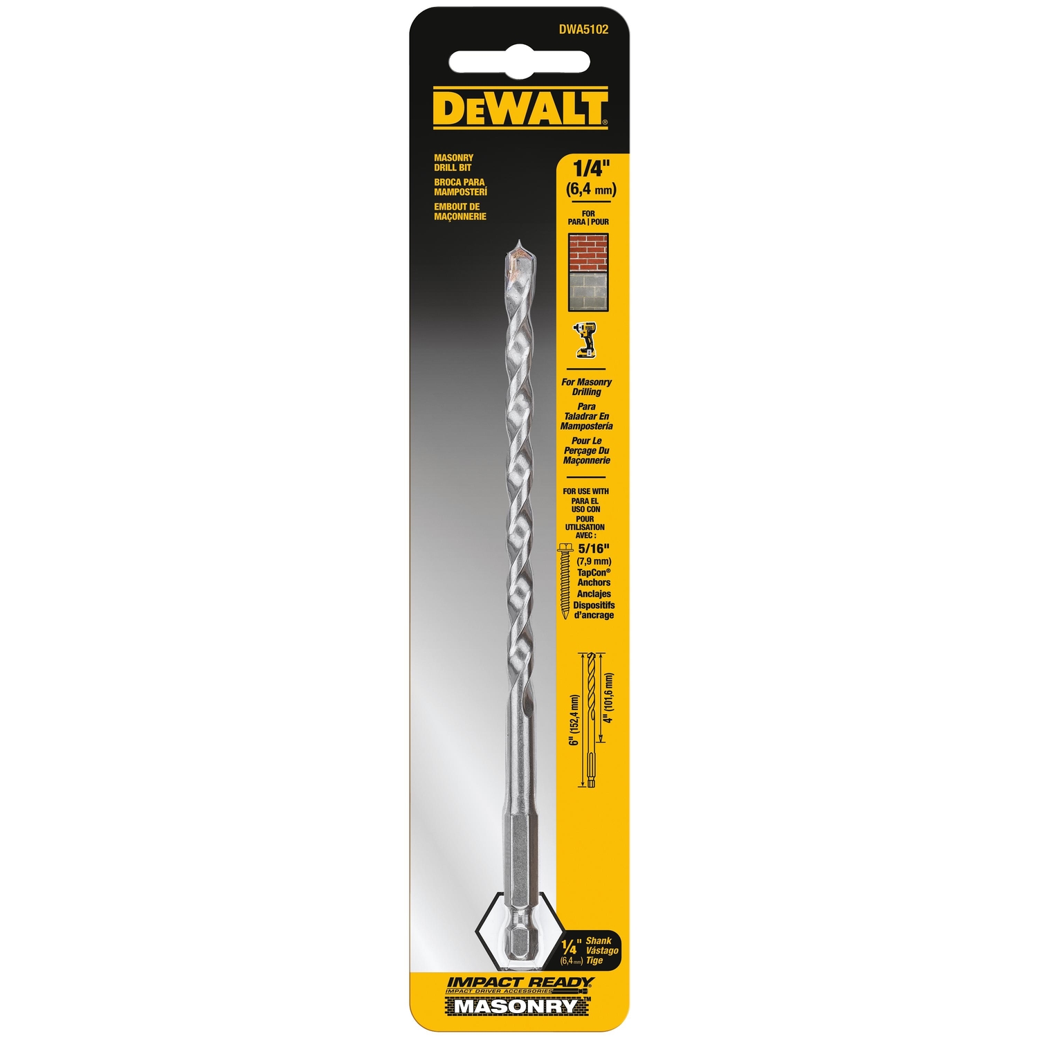DeWalt 1/4 in. X 6 in. L Carbide Tipped Impact Ready Drill Bit Hex Shank 1 pc