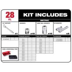 Milwaukee 1/2 in. drive Metric 6 Point Standard Mechanics Socket and Ratchet Set 28 pc