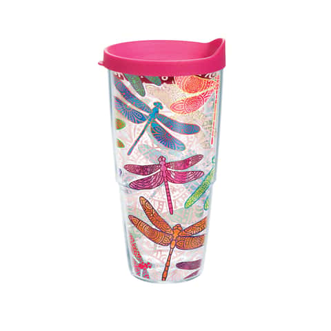 Set 2 Tervis Clear Mugs Handles Lids 12 oz Double Walled Dragonflies