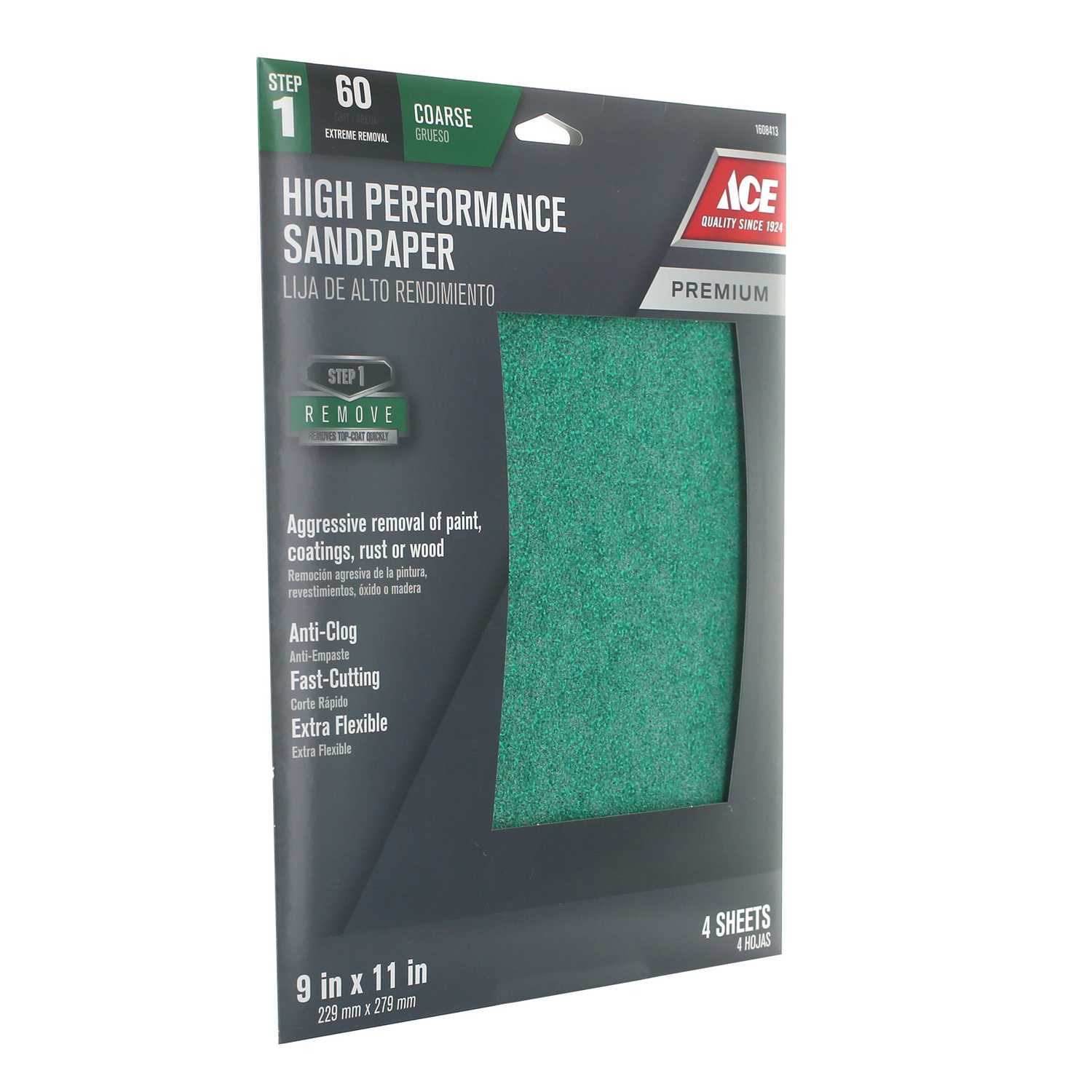 Ace 11 in. L x 9 in. W 60 Grit Coarse Aluminum Oxide Sandpaper 4 pk