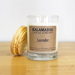 Kalamazoo Candle Company Clear glass jar with white soy wax, wood lid Lavender Scent Lavender, clear