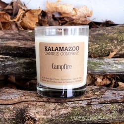 Kalamazoo Candle Company Clear glass jar with white soy wax, wood lid Campfire Scent Campfire, clear