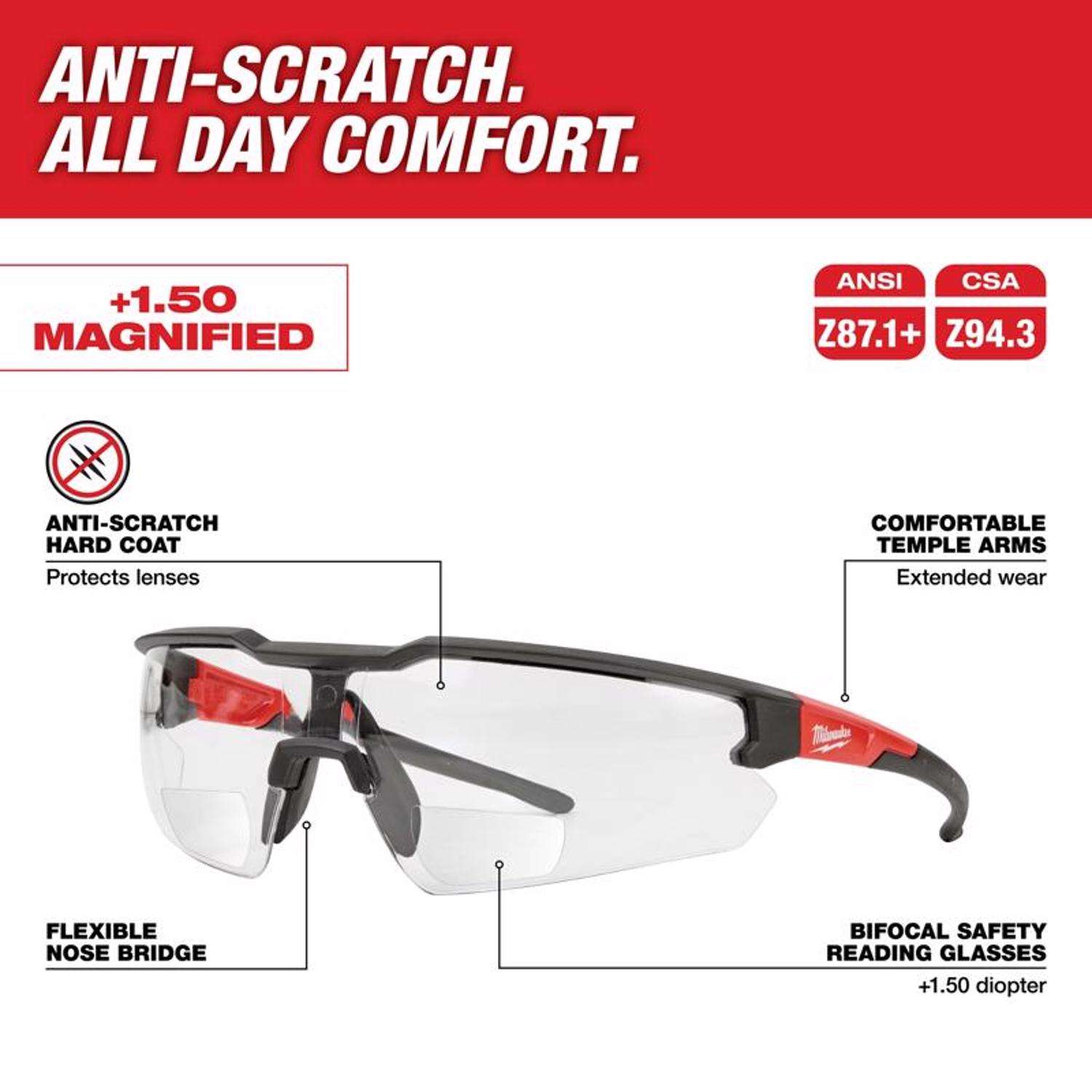 Milwaukee Anti-Scratch Magnified Safety Glasses Clear Lens Black