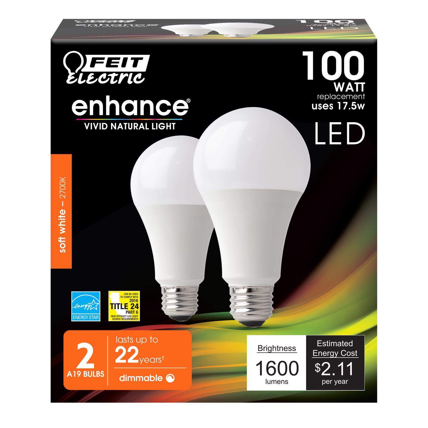 Photos - Light Bulb Feit A19 E26  LED Bulb Soft White 100 Watt Equivalence 2 pk OM100DM/927CA/2(Medium)