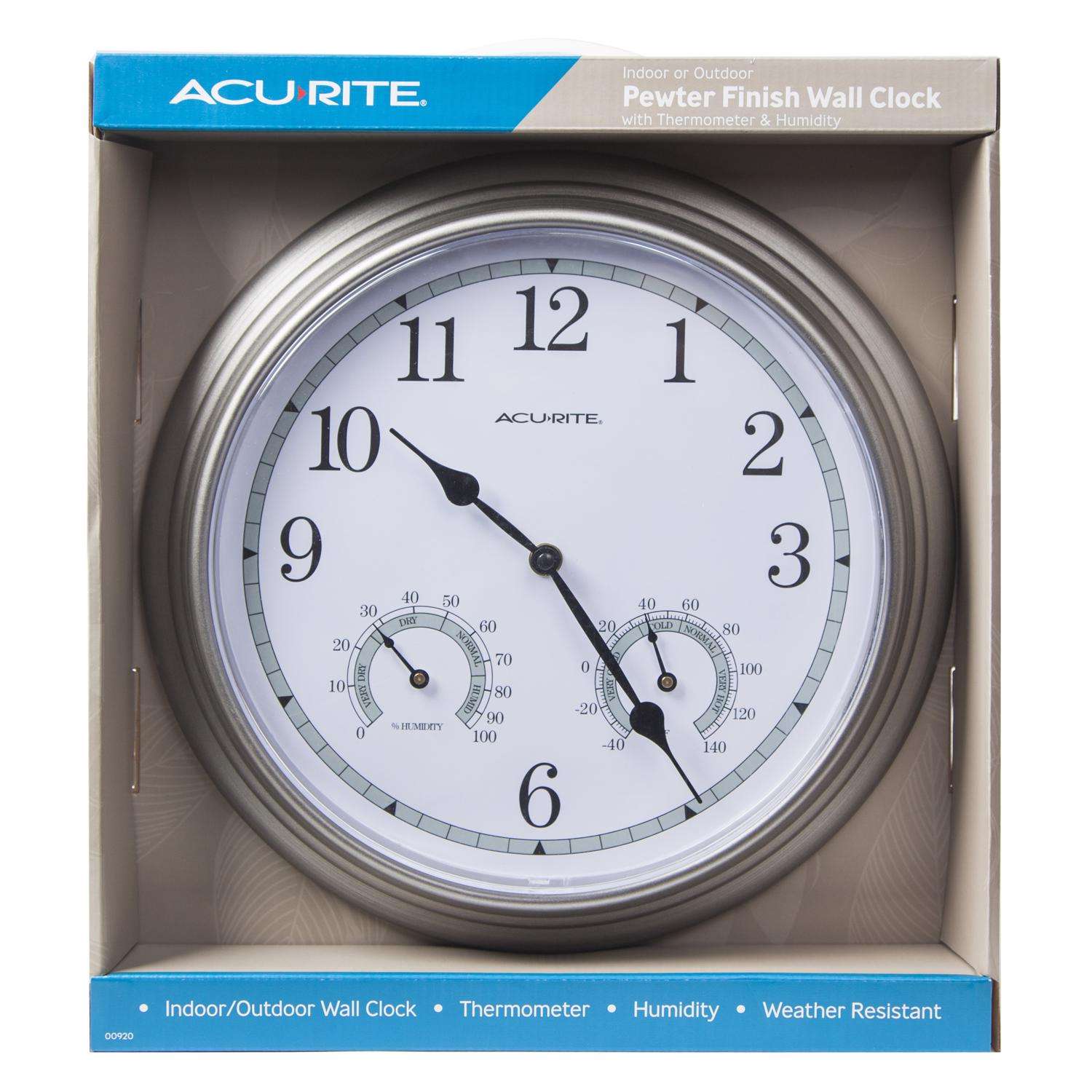 AcuRite Clock with Thermometer/Humidity Gauge Glass/Metal Silver Ace