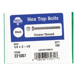 HILLMAN 1/4 in. D X 3-1/2 in. L Zinc Plated Steel Hex Tap Bolt 100 pk